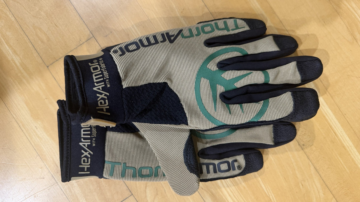 HexArmor ThornArmor 3092 cactus gloves, pair, back of hand view showing SuperFabric brand material and tan knit with black reinforced fingertips