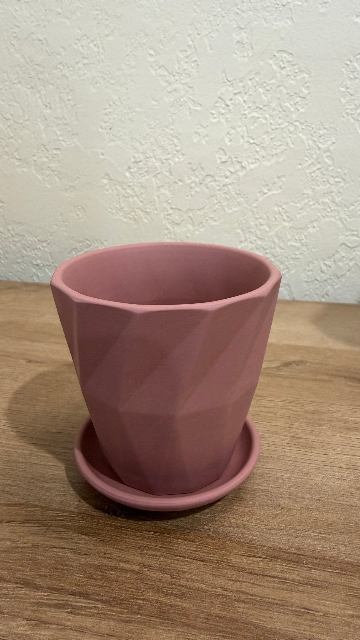 Faceted pink ceramic pot and saucer for cactus and succulents on a wood surface
