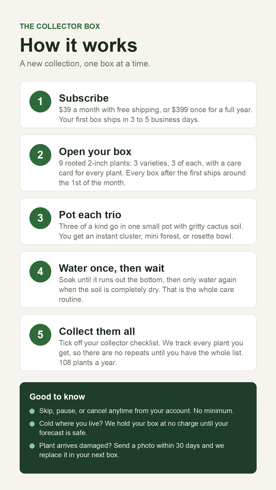 How the Collector Box works: subscribe, open your box of 9 rooted 2-inch plants, pot each trio, water once then wait, collect them all. Skip, pause or cancel anytime.