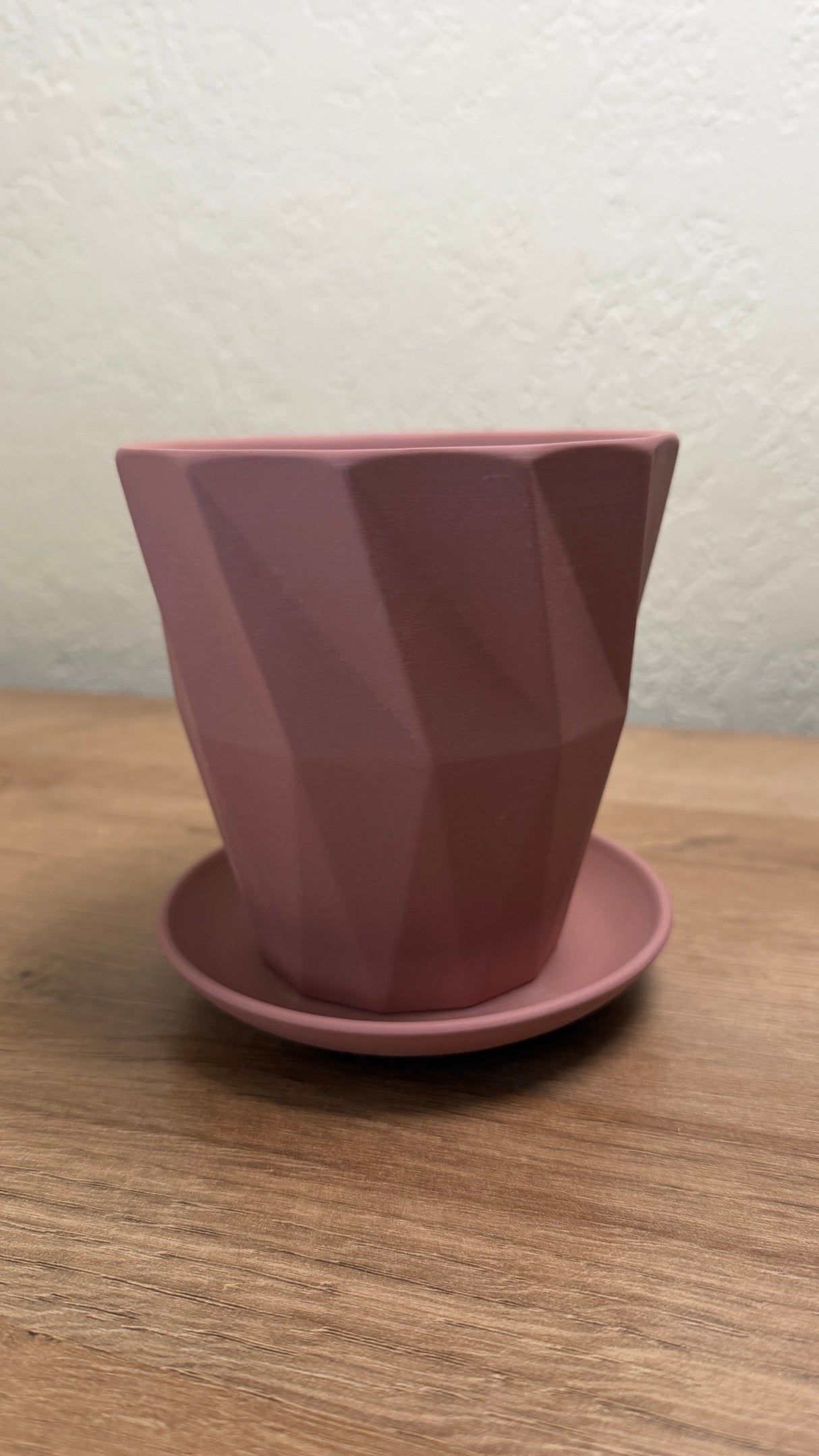 Front view of the faceted pink ceramic cactus and succulent pot resting on its saucer