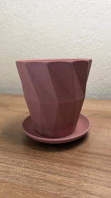Front view of the faceted pink ceramic cactus and succulent pot resting on its saucer