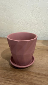 Faceted pink ceramic pot and saucer for cactus and succulents on a wood surface